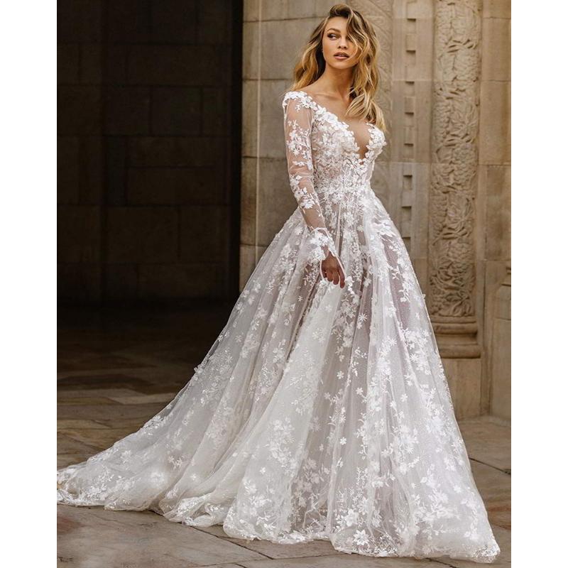 Women White Floral Lace Long Sleeve Deep V Neck Backless Sheer Tulle A Line Summer Wedding Gown Elegant Bridal Evening Prom Formal Party Maxi Dress
