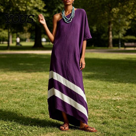 Women Casual Dress One Shoulder Maxi Dress, Color Block Loose Solid Long Summer Beach Vacation Flowy Sundress with Pockets Elegant