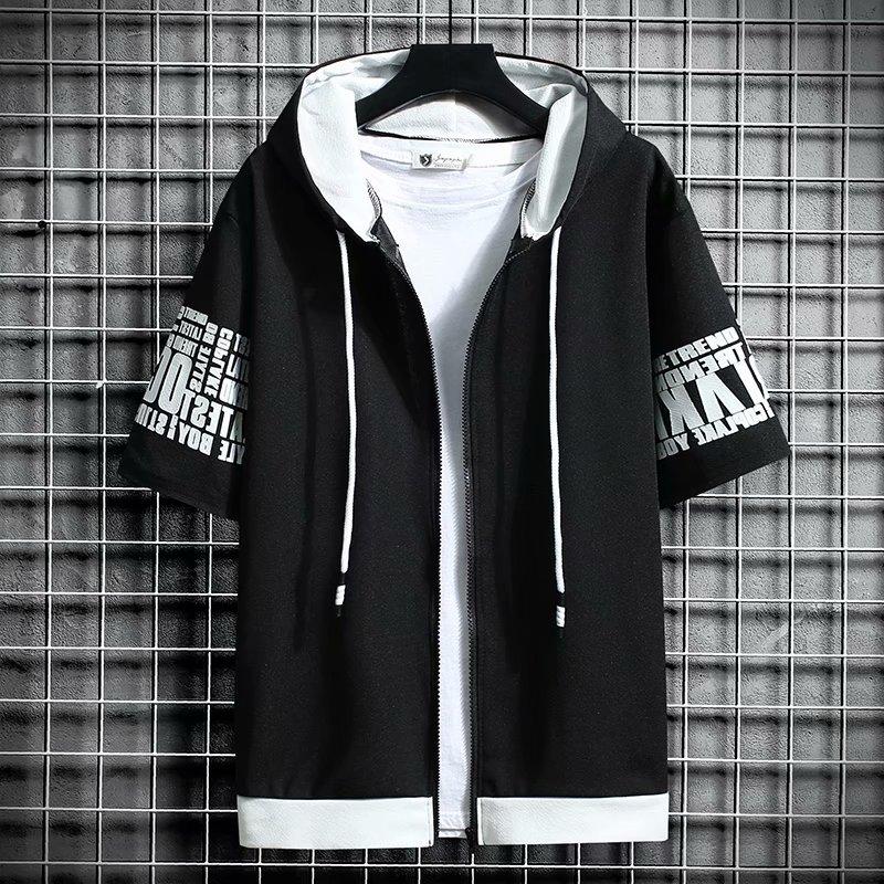 Men's Hoodies Summer Men Clothing T-shirt Zipper Hood Cartoon Casual T Shirt Print Hooded Top Short Sleeve
