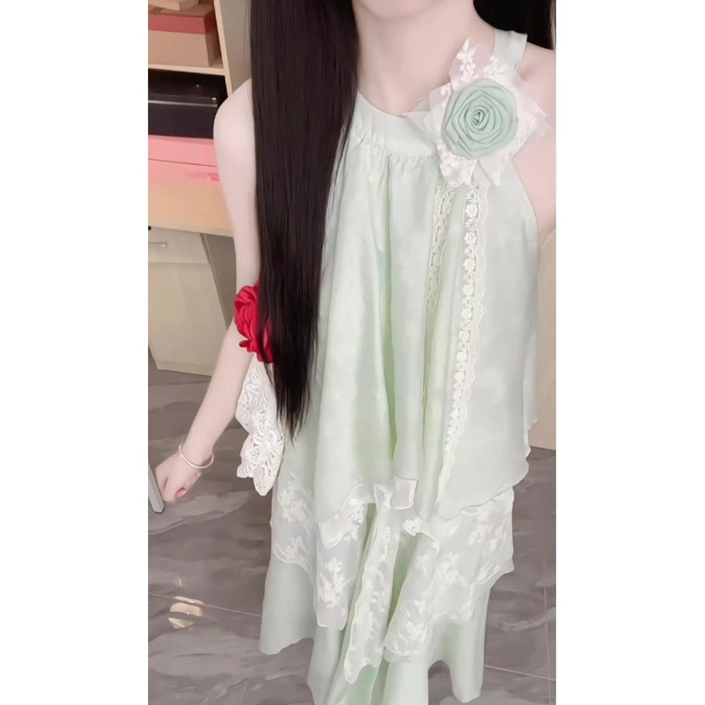 Irregular Lace Panel Loose Temperament Long Skirt Summer Resort Mint Green Sleeveless Halterneck Dress