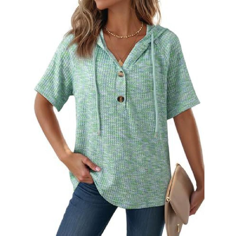 2026 Women's Clothing Summer New Waffle Knit Button V-Neck Drawstring Hooded Short Sleeve Top