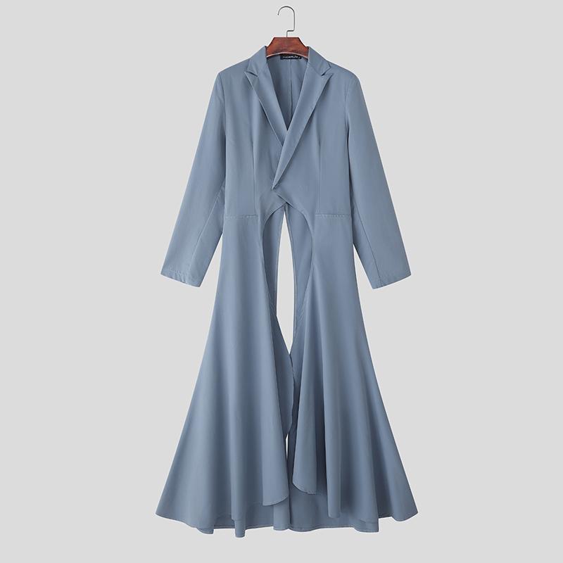 

INCERUN Мужские рубашки с отложным воротником, длинным рукавом, на пуговицах, с неровным рваным подолом, высокими разрезами, длинные туники 4XL