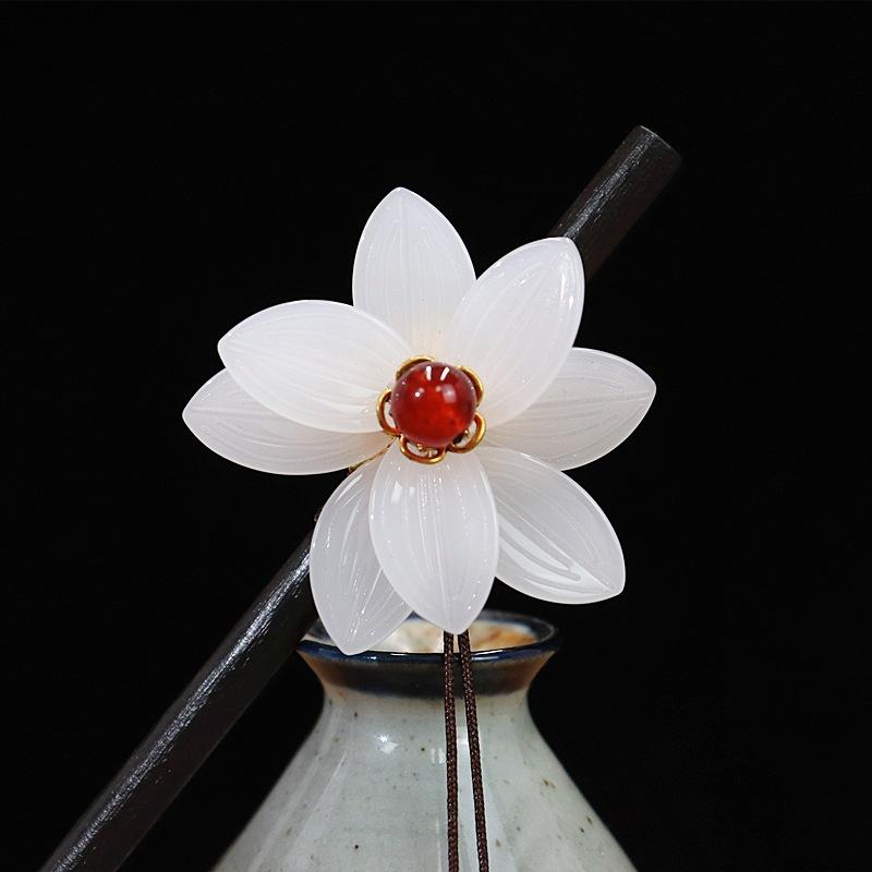 A lotus Hanfu fringed hairpin, glazed petal lotus agate hairpin, wooden hairpin head jewelry