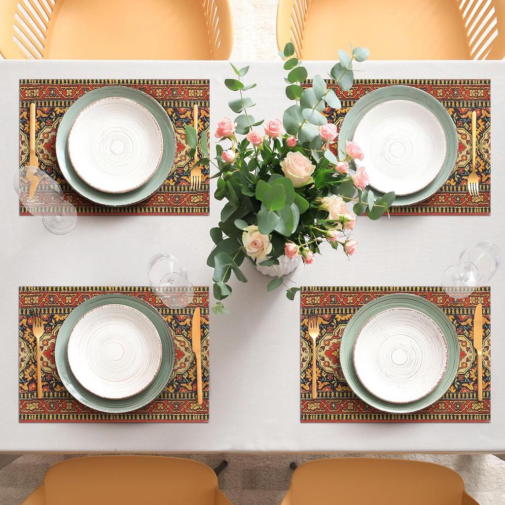 comfoyar Boho Vintage Red Placemats Set of 4, 12x18Inch Non-Slip Linen Bohemia Flower Place Mats, Washable Absorbent Rustic Country Style Table Mats
