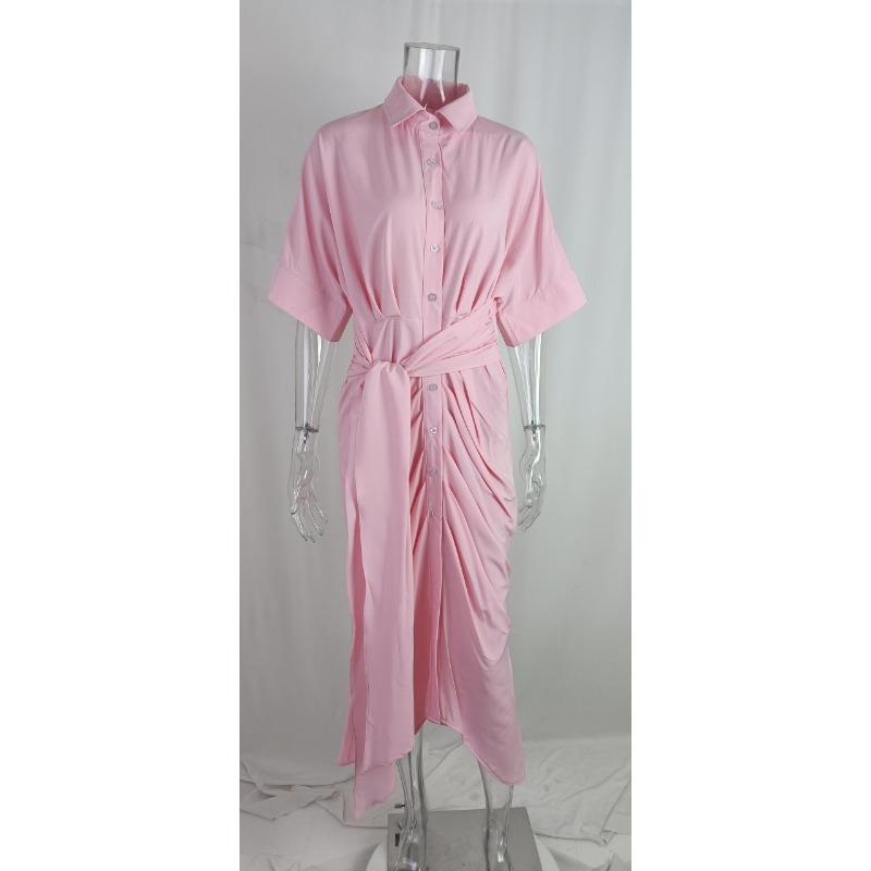 Women Casual Turn Down Collar High Waist Long Shirt Dress
