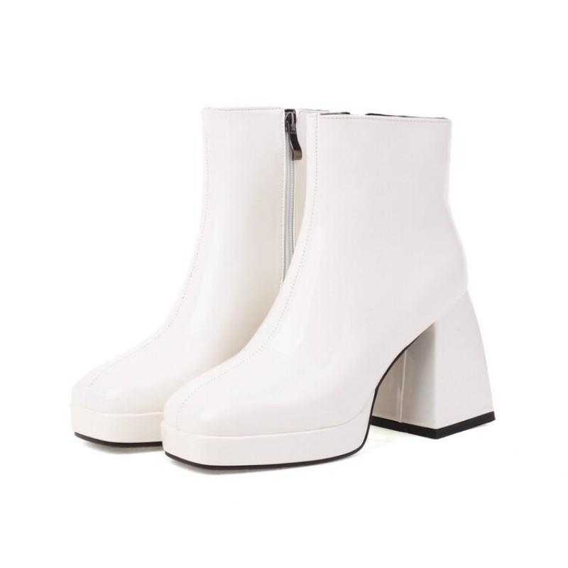 Damen Chunky Heel Quadratische Spitze Kunstleder Stiefeletten Mit Seitenreißverschluss Wasserdichte Plateau Herbst Winter Mode