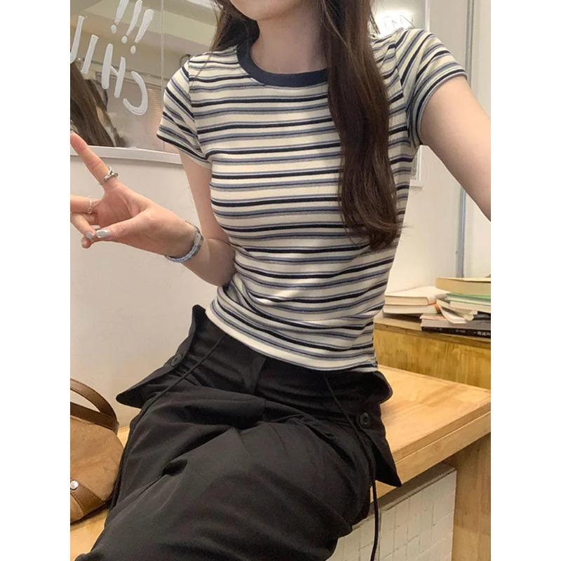 Contrast Striped Right Shoulder Short-sleeved T-shirt for Women Summer New Slim Fit Round Neck Short Top for Small People