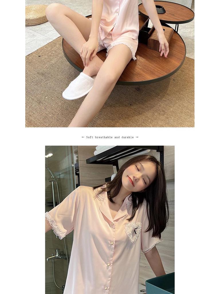 Girls' Lace Trim Short-Sleeve Pajama Set: Summer Thin Style with Edge Sleeve