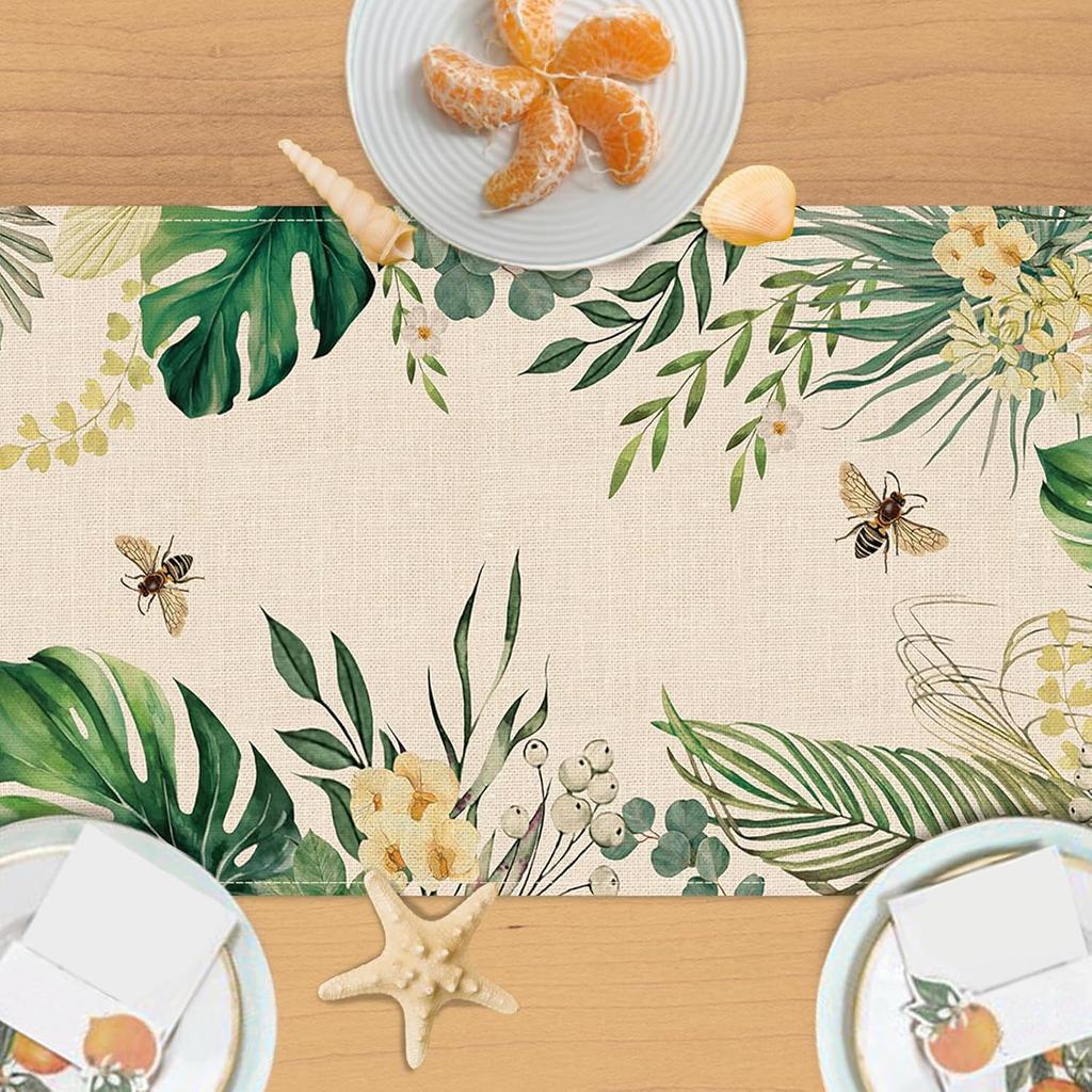 Spring Summer Palm Leaves Bee Linen Table Runner Party Decor Tropical Green Plant Kitchen Dining Table Runner Home Decorations
