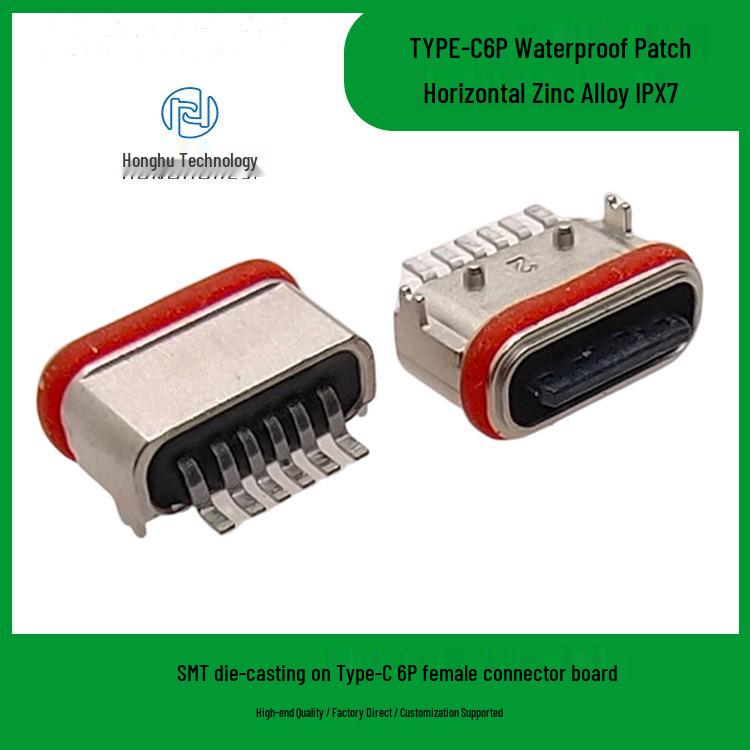 Waterproof Type-C 6-Pin Female Connector with Zinc Alloy Shell