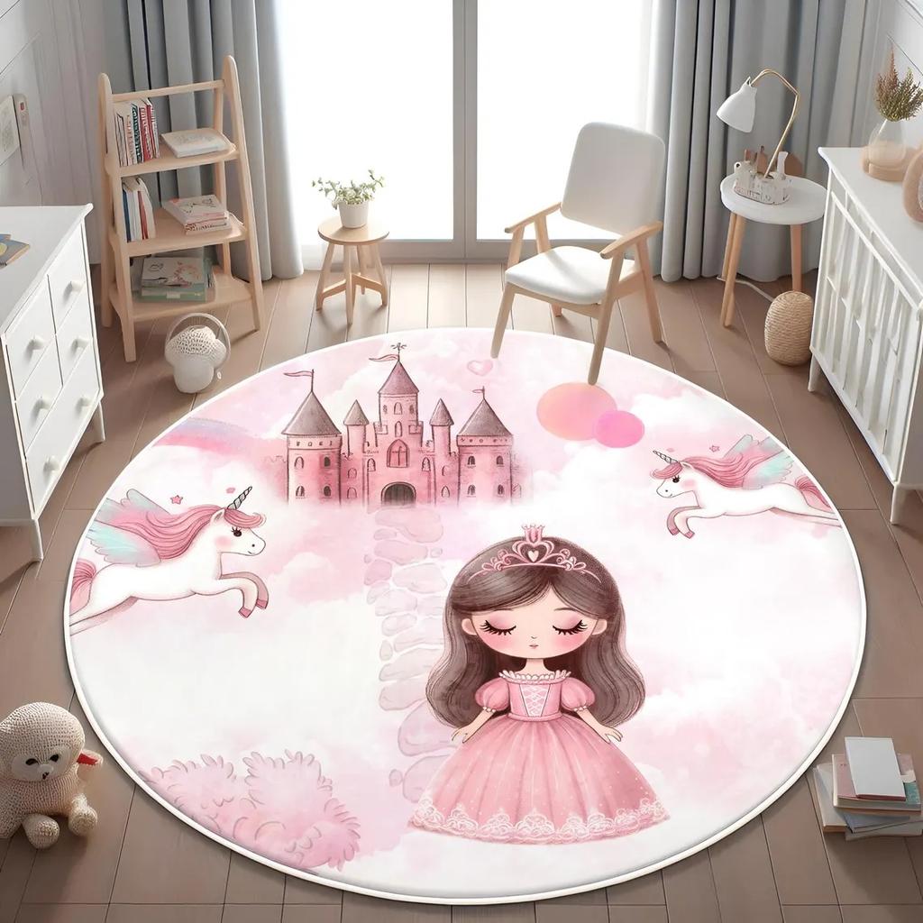 Pink Castle Princess Unicorn Round Rug Non Slip Floor Mat for Kids Bedroom Playroom Fairytale Style Baby Nursery Home Decor