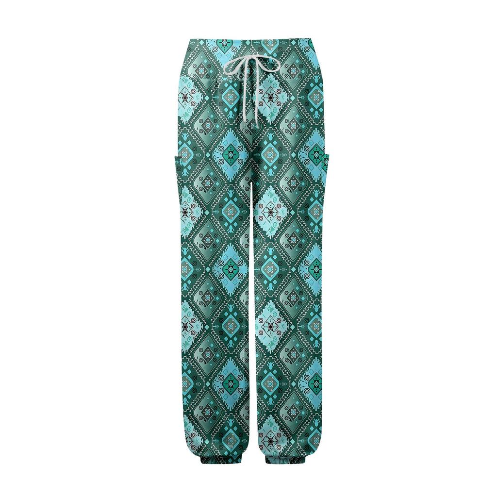 Women's Pocket Drawstring Trousers High Waist Yoga Bohemian Printed Casual Pants