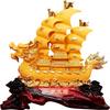 Golden Dragon Ship Feng Shui Statue "Smooth Sailing" Prosperity Figurine with Engraved Sails, Lucky Chinese Dragon Boat Decor for Office Success