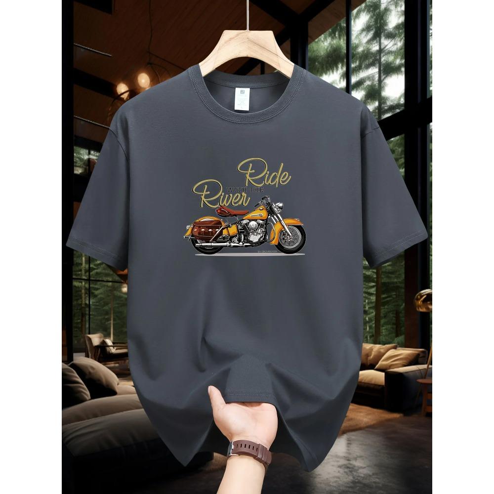 Men's Summer 100 Cotton Fashionable Casual Loose Large Size Classic Motorcycle Pattern Printed Round Neck Short Sleeve T-shirt