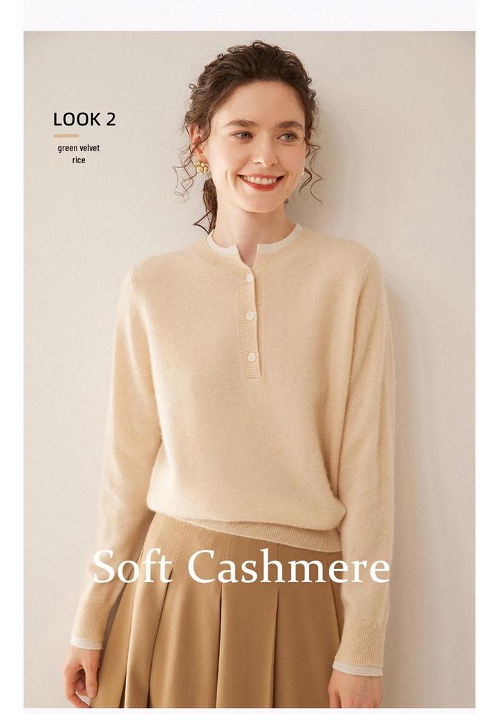Women's Color Block Cashmere Sweater - Round Neck, Buttoned, Loose Fit, Long Sleeve Contrasting Knit for Autumn/Winter.