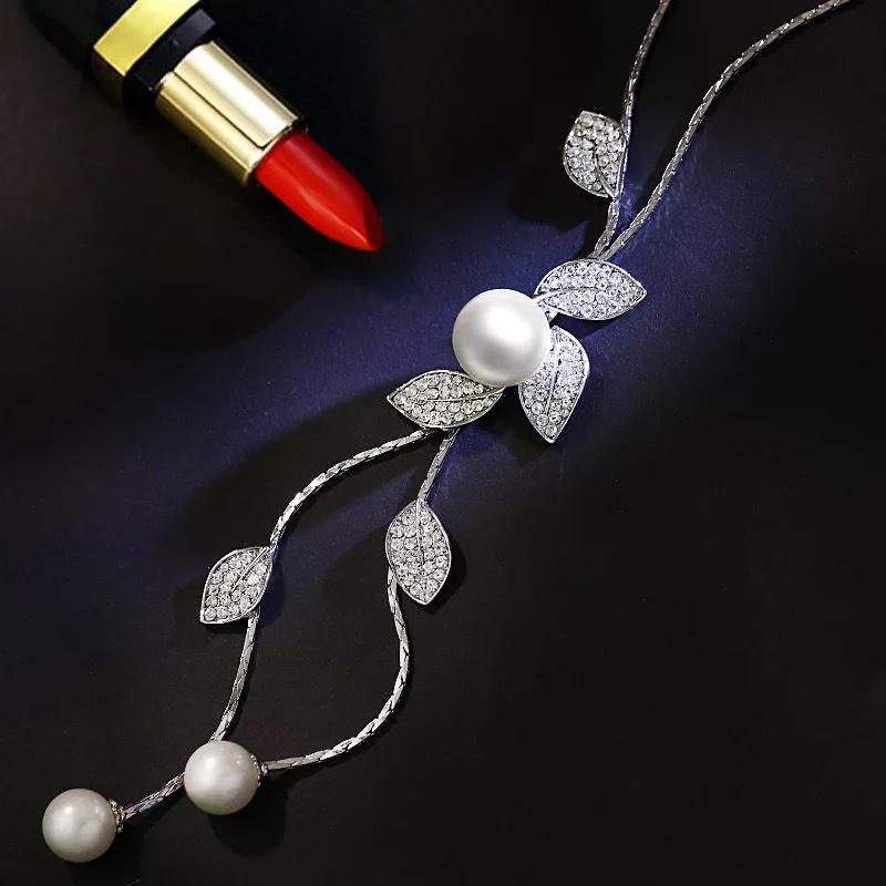 Japan and Korea Fashion Personalized Leaves Summer Festival High-rise Pearl Fringed Sweater Chain Long Versatile Accessories Necklace