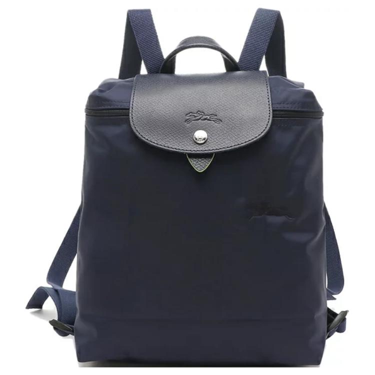 Longchamp Le Pliage Green 26 Unifarbe Druckknopf-Reißverschluss Weiches recyceltes Canvas mit Lederbesatz Rucksack Damenrucksack Marineblau 1699919P68