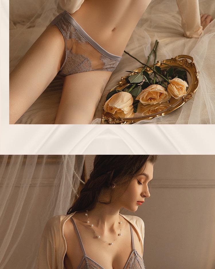 French Triangle Cup Lace Bra & Panty Set: Wire-Free, Sexy Back, Thin Style, Minimizing Large Bust.