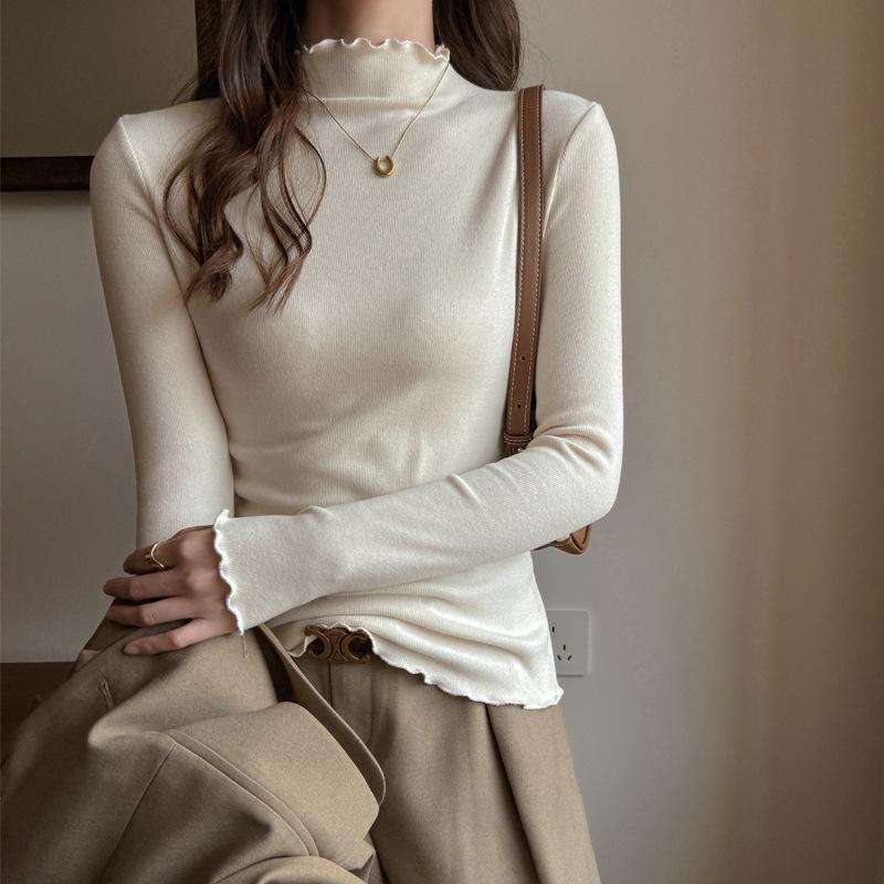 Autumn Winter Half High Collar Ruffles Solid T-shirt Women Long Sleeve Simple All-match Bottomed Tee Top Pullovers