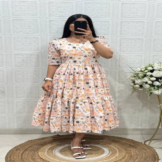 Vibrant Floral & Block-Printed Cotton Puff-Sleeve Tiered Midi Dresses