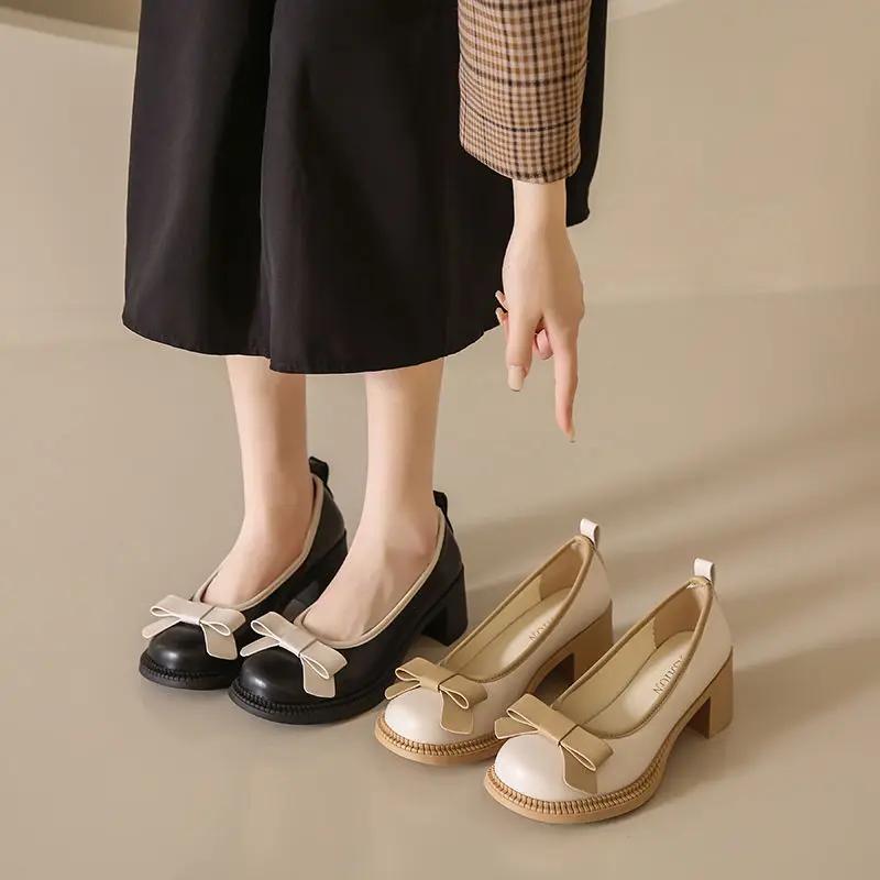 Fashion With Medium Heels Bow Round Toe Ladies Pumps Women's Shoes Chunky Block Heel Casual Y2k Vacation 2025 Trend Fashion Korean Style