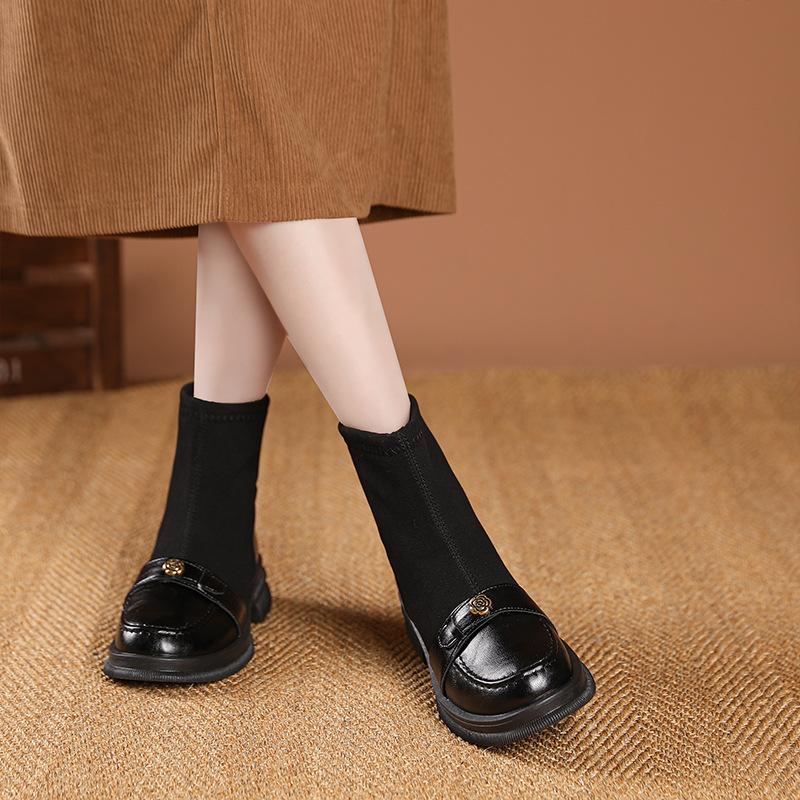Skinny Stiefel Damen Frühling und Herbst Einzelstiefel flache kurze Stiefel Winter 2025 neue Samt elastische Sockenstiefel weiches Leder Martin Stiefel
