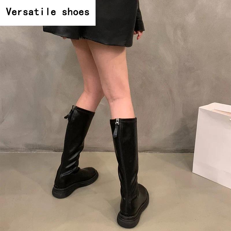 Nové podzimní dámské vysoké boty, módní dámské měkké kožené ploché dlouhé boty, dámská obuv se zipem na zádech