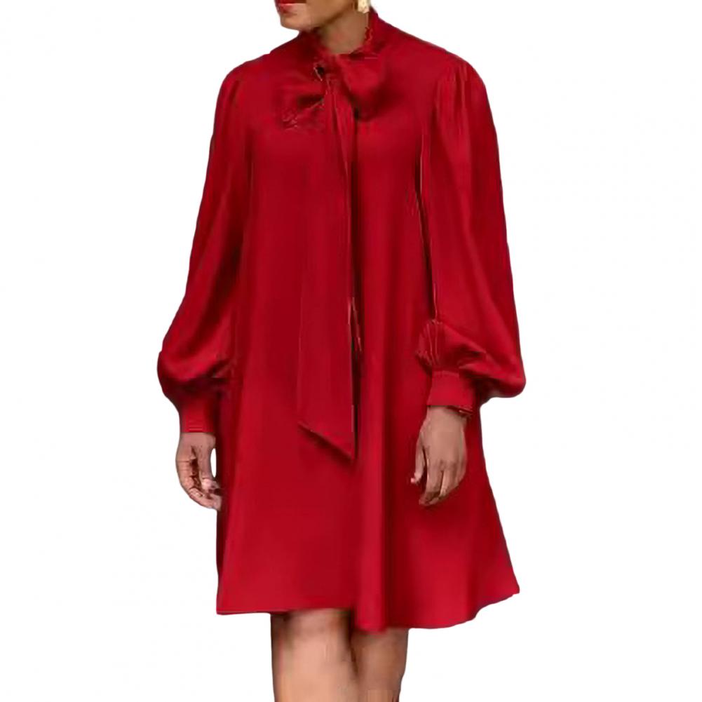 Damen Lockeres Kleid Schnürung Schleife am Hals Lange Laternenärmel Einfarbig Knielang Formell OL Pendler Midi-Kleid