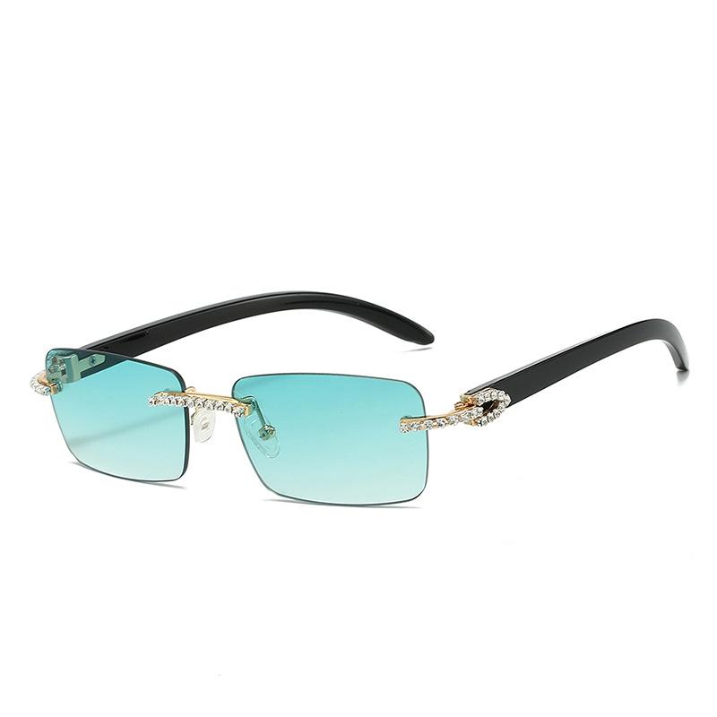 Frameless Trimmed Imitation Wood Grain Legs With Diamonds, Sunglasses, Men'S And Women'S Retro Trend Fashion Sunglasses