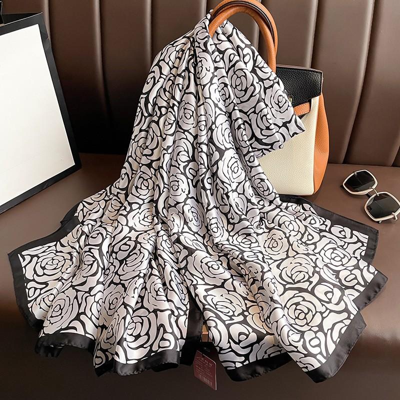 New Imitation Silk Printed Silk Scarf for Women  Versatile Geometric Sun Protection Beach Towel Ethnic Style Decoration Gauze Shawl