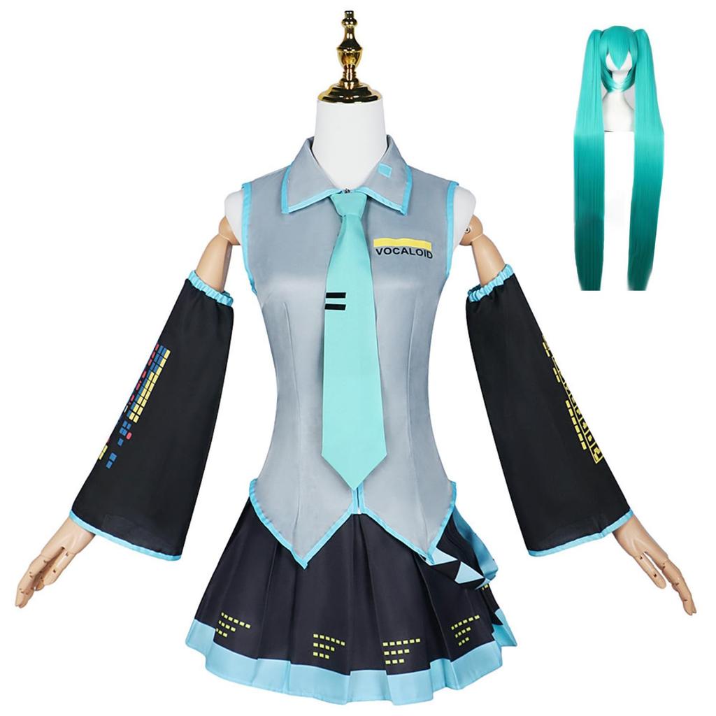 Hatsune Miku Cosplay Costume, Full Set with Wig, Hatsune Uniform, Cosplay Costume, Christmas, Halloween, Costume (XL)