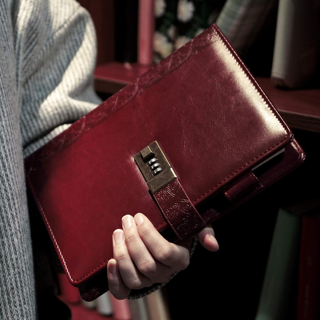 CAGIE System Planner A5 Lockable Notebook Antique Diary with Business Card Gift for School Waterproof PU 230 x Red Lock, Loose-leaf, 6-ring Ring,