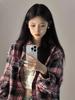 Women's Pink Plaid Embroidered Shirt Jacket - Autumn/Winter Small Size Loose Fit Casual Outerwear