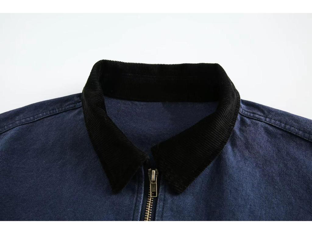 Men's Retro Blue Detroit Workwear Jacket - Heavyweight Spring/Autumn Color Block Lapel Outerwear