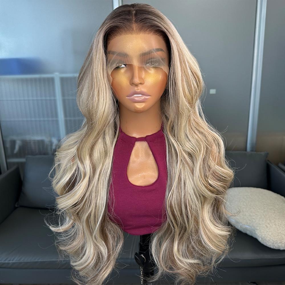 Parrucche Lunghe Honey Blonde 13x4 Lace Front Fibra ad Alta Temperatura Base Senza Colla Onde del Corpo Densità 150% Resistenti al Calore