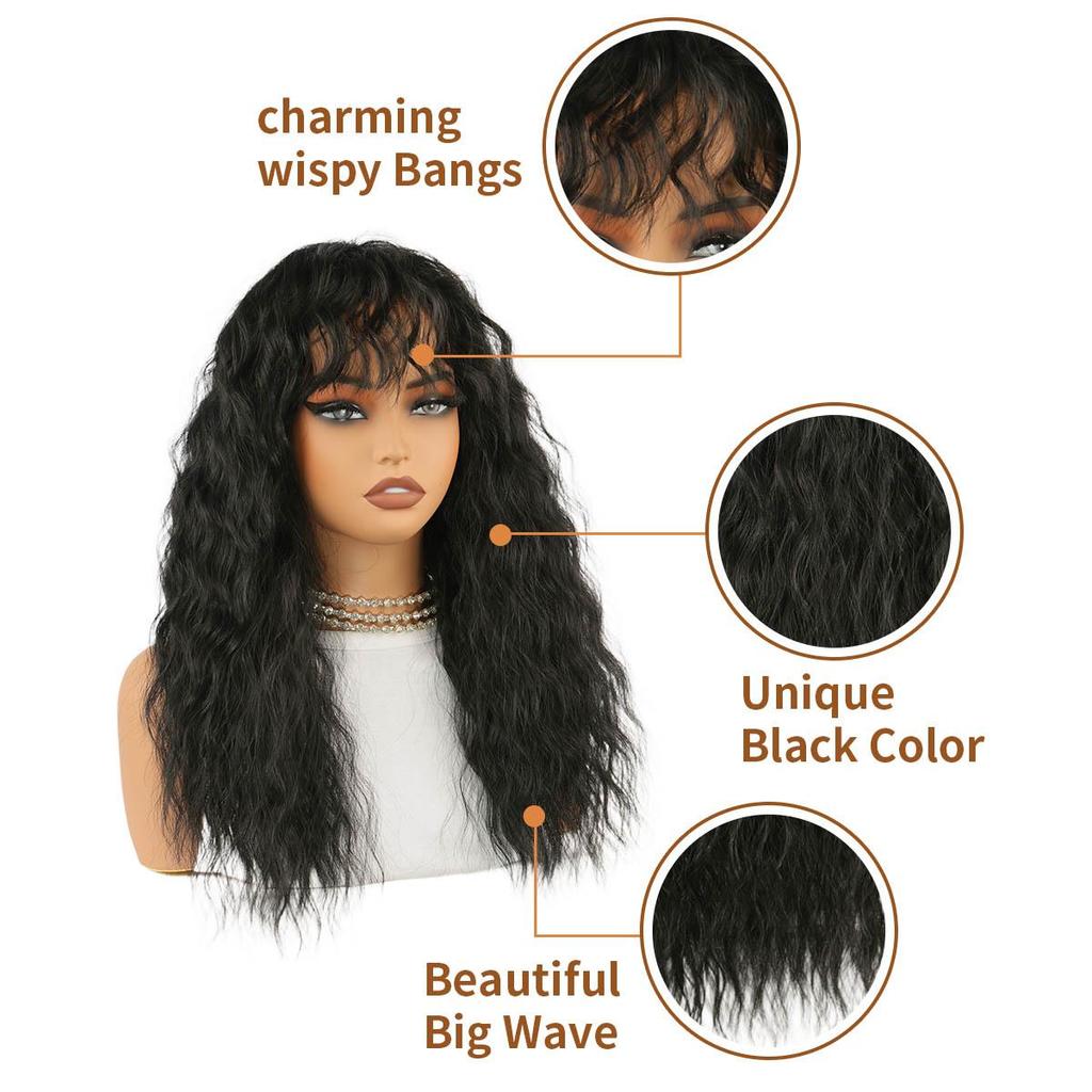 Cross-Border Curly Wave Wig for Women - Black Small Curls Synthetic Fiber Headpiece