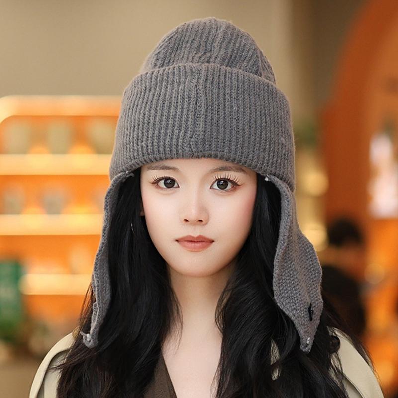 Korean Solid Color Earmuff Knitted Hat Winter Keep Warm Versatile Beanie For Women