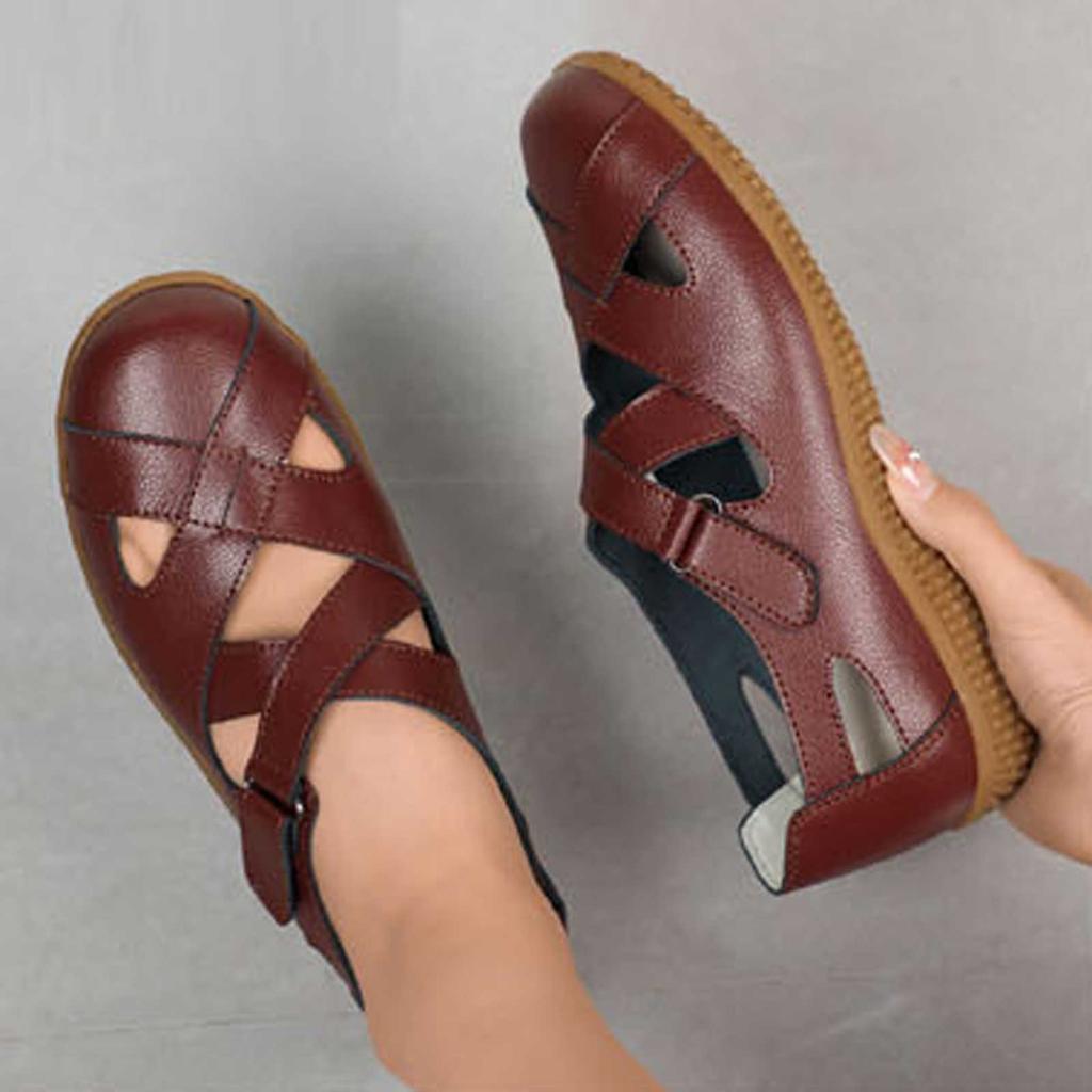 Women's Sandals Leather Handmade Ladies Shoe Leather Sandals Women Flats Beach Shoes Retro Mother Shoes