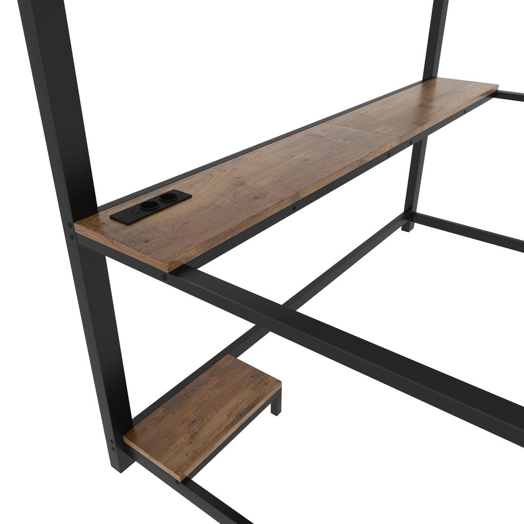 Hochbett Schreibtisch 90x200cm Kinder/Erwachsene, Ambientelicht, Steckdosen & USB, Metallbettgestell Lattenrost, Schwarz (ohne Matratze)