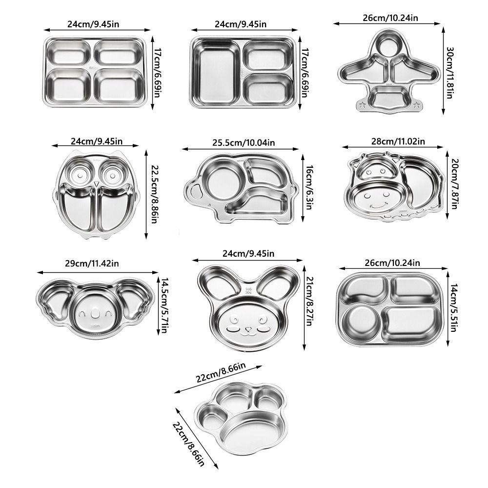 Silver Divided Dinning Plate 304 Stainless Steel Food Container Kid Feeding Service Plate Cartoon Animal Shape Food Tray