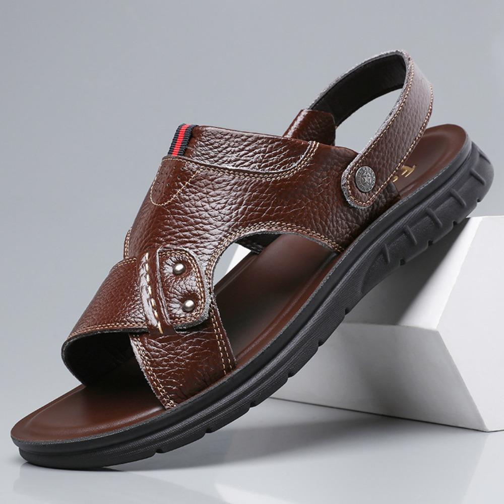 

Mens Summer Non Slip Sandals Large Size Beach Shoes Soft Leather Slippers 44 коричневий
