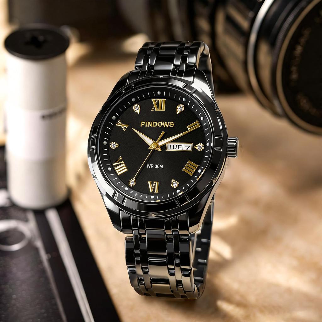 PINDOWS Men's Business Watch with Calendar, Day, Date Display, 304 Stainless Steel, 3 ATM Water Resistance, Luminous Indices, Roman Numerals, Quartz
