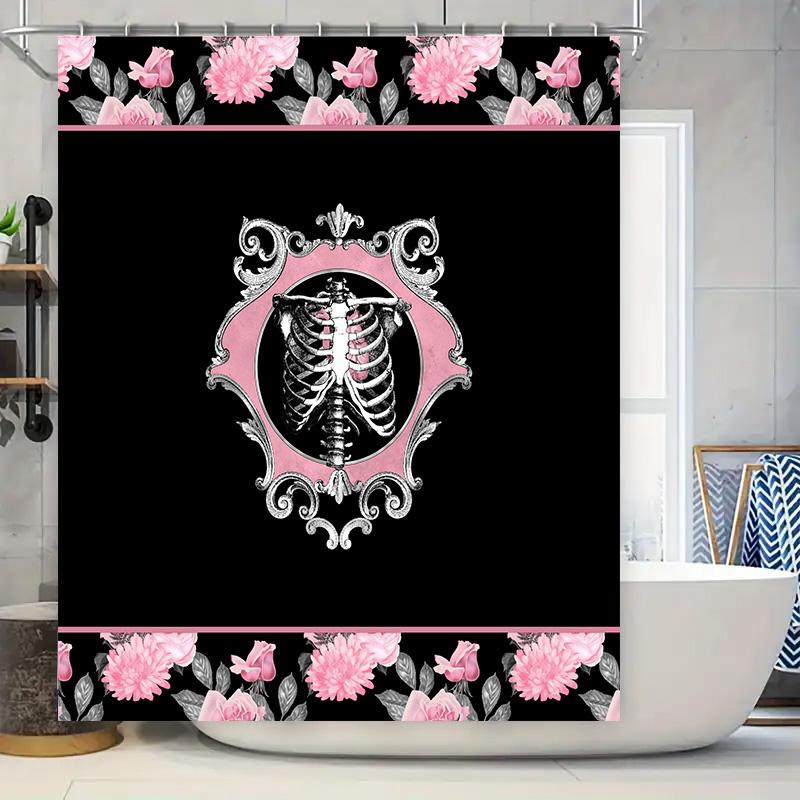 

Vintage Gothic Ribcage Lace Shower Curtain Pink Floral Bathroom Decor For Kids Teen Girls Halloween Party Supplies Waterproof Ba W60H190(CM)-1 Pcs