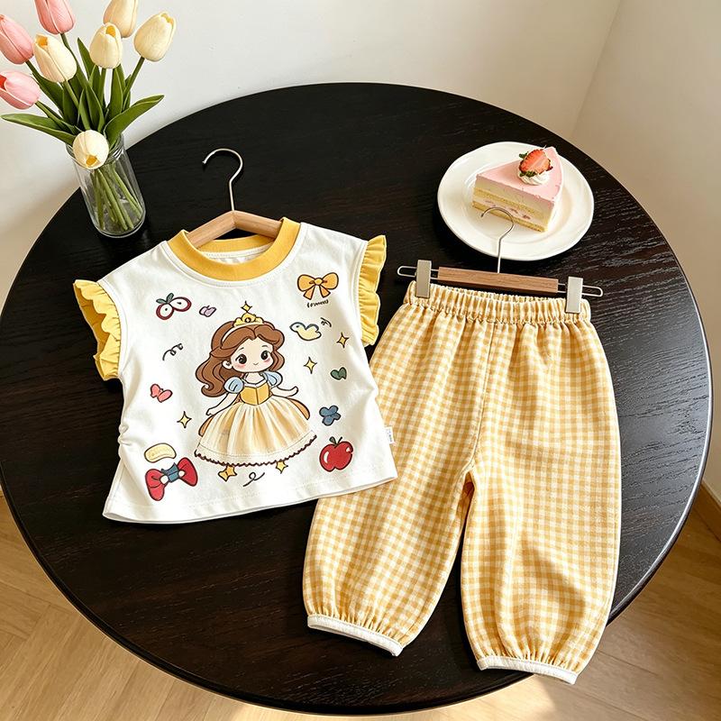 Girls Summer Sweet Princess Outfit Floral Ruffle T Shirt And Plaid Jogger Pants Two Piece Set For Kids