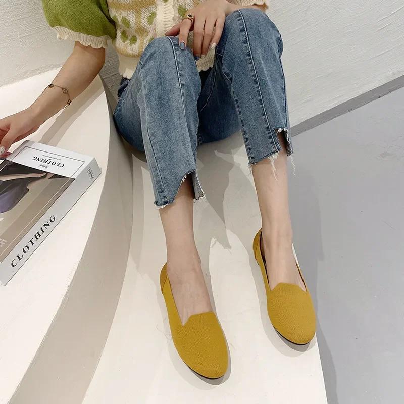 Spring and Autumn 2024 New Outwear Solid Color Oversized Shallow Cut Shoes Women's Knitted Comfort Flat Shoes Women Size 34-43