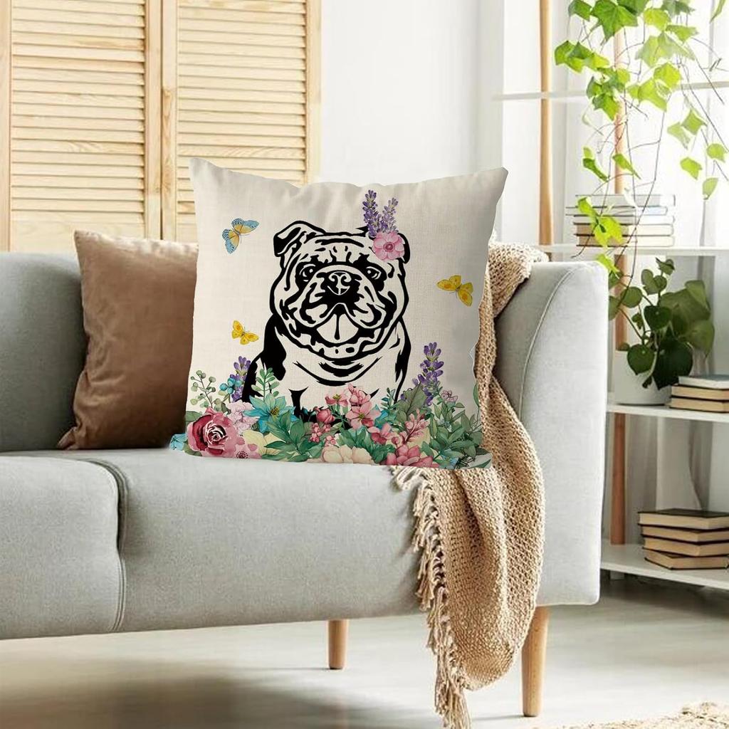 GAGEC Spring Pillow Covers 18x18 Inch English Bulldog Throw Pillowcase Hello Spring Home Sofa Holiday Cushion Case Farmhouse Dog Spring Decorations