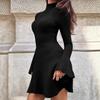 Womens Long Sleeve High Neck Knit A-Line Dress Solid Color Street Style Winter 2025