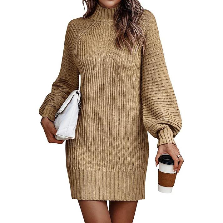 Women's Mock Neck Sweater Dres Long Lantern Sleeve Rib Knit Stretch Bodycon Sweater Dress