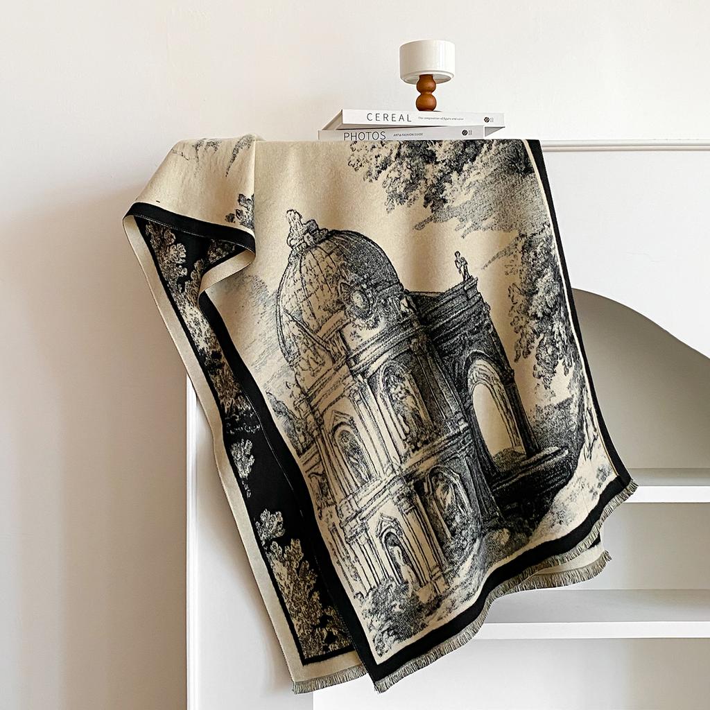 New Classical Architecture Style Cashmere Women Print Double-sided Scarf  Winter Warm Shawl Pashmina Female Outdoor Scarves