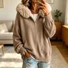 Women's Color Knit Hooded Jacket with Faux Collar and Zipper Pockets Casual Winter Coat